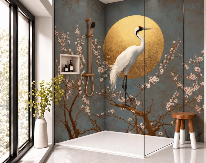 Japanese Crane Shower Panel – Gold Moon & Cherry Blossom Bathroom Wall Panel, Oriental Bird Waterproof Shower Wall, Luxury Japandi Decor