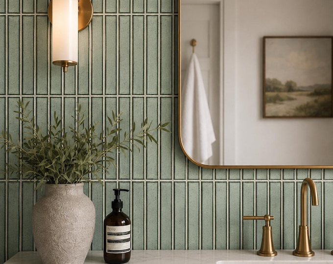 Sage Green Vertical Tile Wallpaper, Faux Ceramic Subway Effect, Modern Kitchen Decor