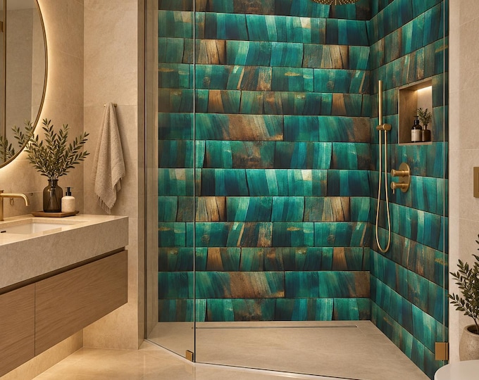 Aqua Timber Mosaic Shower Panel, Teal Wood Effect, Grout-Free Bathroom Wall Decor