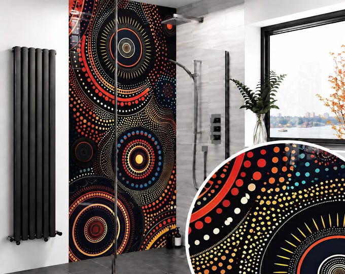 Aboriginal Dot Art Shower Panel – Black Orange Gold Tribal Pattern (Waterproof)
