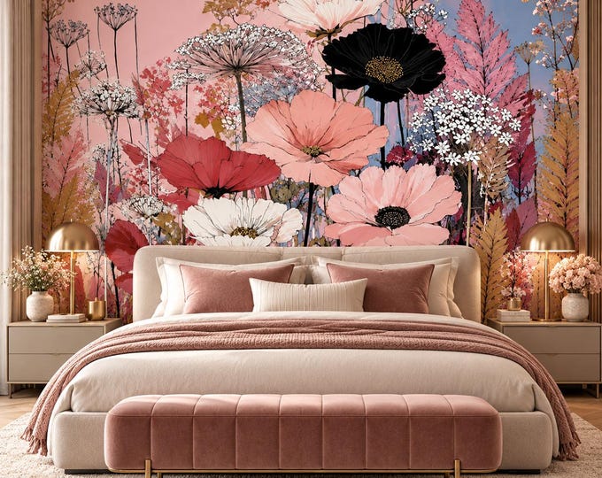 Pink Floral Wallpaper | Black & Blush Botanical Wall Mural | Wildflower Statement Wallpaper