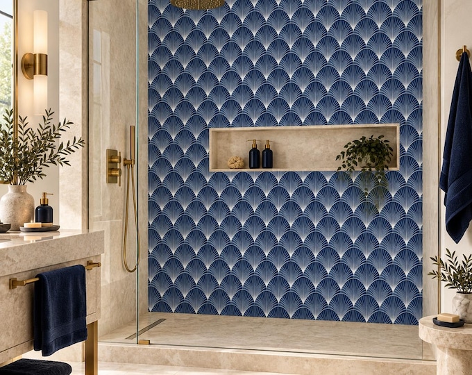 Navy Art Deco Fan Shower Panel, Grout-Free Waterproof Wall Decor