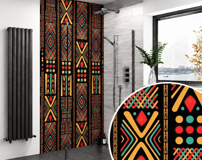 African Mudcloth Shower Wall Panel – Black Red Gold & Green Tribal Pattern Waterproof Bathroom Panel