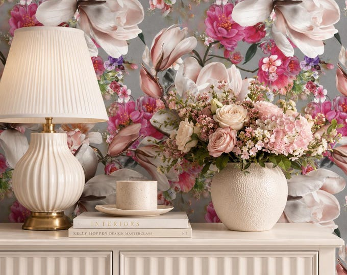 Pink Magnolia Floral Wallpaper, Blush Botanical Wall Mural, Romantic Statement Wall