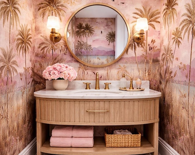 Sunset Palm Wallpaper, Pink Tropical Luxury Wall Mural, Custom Made
