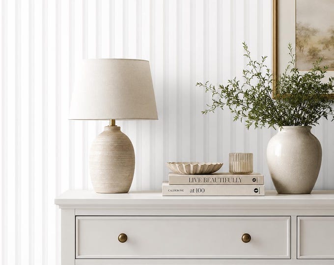 Elegant White & Soft Grey Stripe Wallpaper, Minimalist Wallpaper, Classic Striped Wall Decor, Modern Neutral Interior