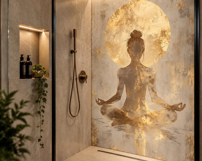 Golden Meditation Shower Panel – Zen Woman & Sun Bathroom Wall Panel, Neutral Beige Waterproof Shower Wall