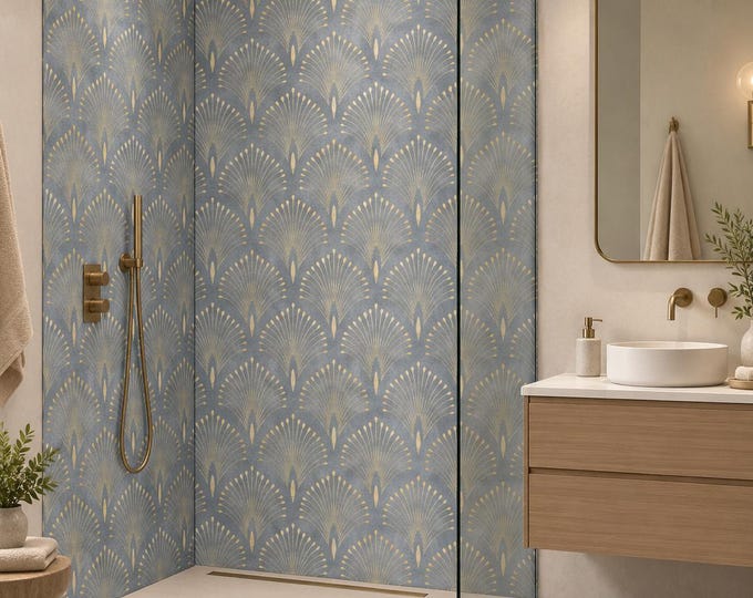 Art Deco Peacock Gold Shower Panel, Grey & Gold Waterproof Wall