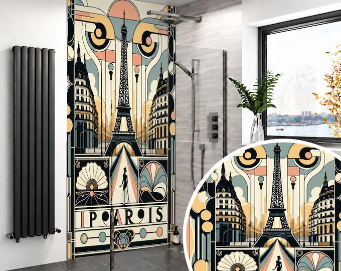 Paris Art Deco Shower Panel – Eiffel Tower Bathroom Wall Panel, Vintage French Geometric Waterproof Shower Wall