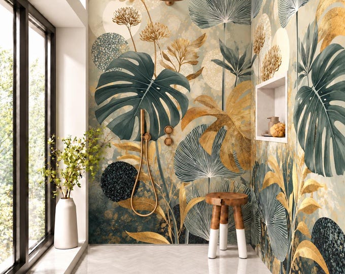 Botanic Royale Tropical Shower Panel – Green & Gold Botanical Wall Panel, Luxury Waterproof Bathroom Wall Art, Monstera Shower Surround