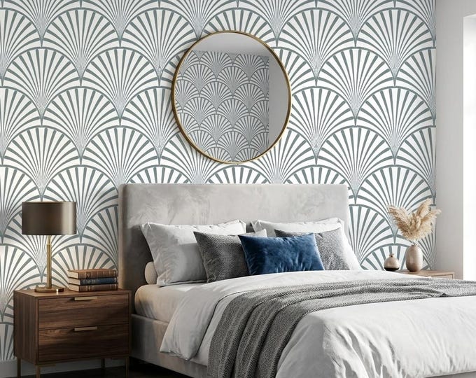 Art Deco Fan Blue Peel and Stick Wallpaper / Modern Nursery Scallop Geometric Wall Mural