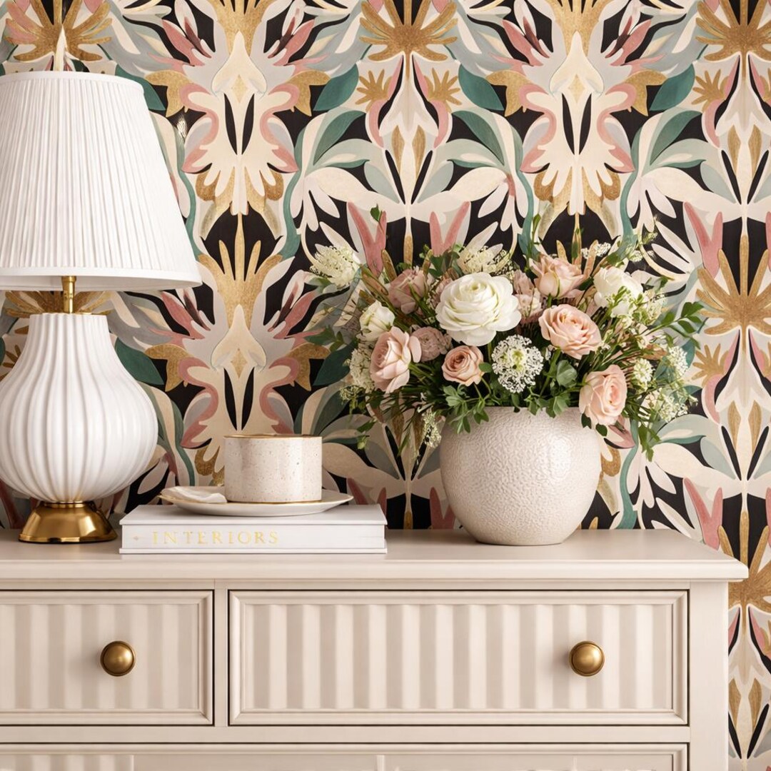 Art Deco Botanical Wallpaper, Blush Pink Gold Floral Mural, Luxury