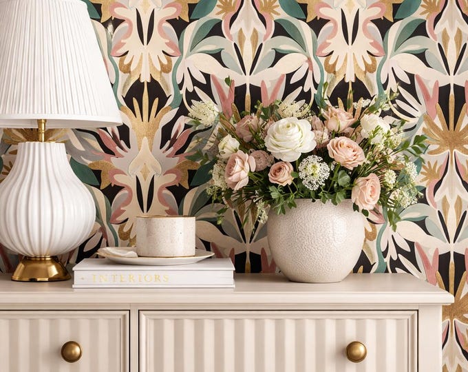 Art Deco Botanical Wallpaper, Blush Pink Gold Floral Mural, Luxury Tropical Leaves