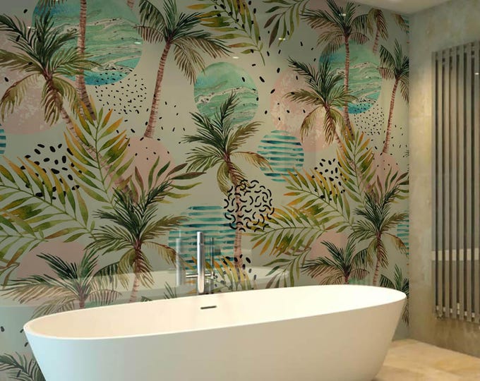 Palm Pastel Shower Wall Panel, Custom Size Waterproof Bathroom Cladding, Grout-Free Tile Alternative