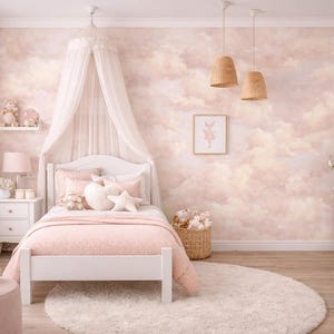 Mural de pared Nubes rosas: papel pintado infantil caprichoso, resistente al moho