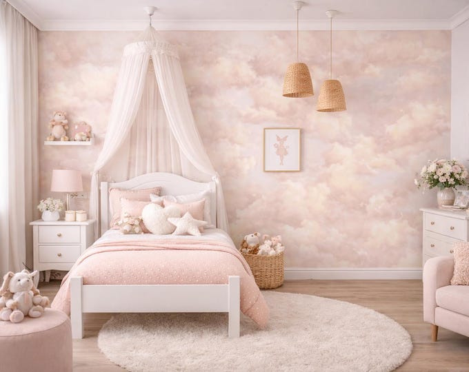 Pink Clouds Wall Mural – Whimsical Nursery Wallpaper, Mould-Resistant