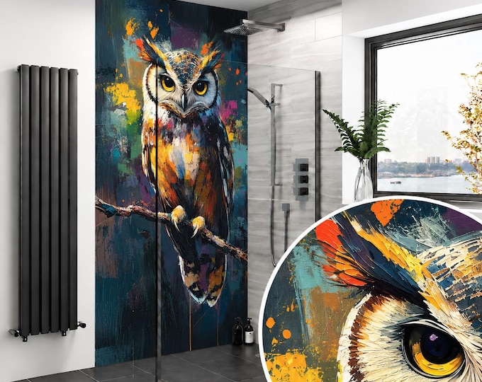 Abstract Owl Shower Panel, Waterproof Bathroom Wall Cladding, Luxury Tile Look