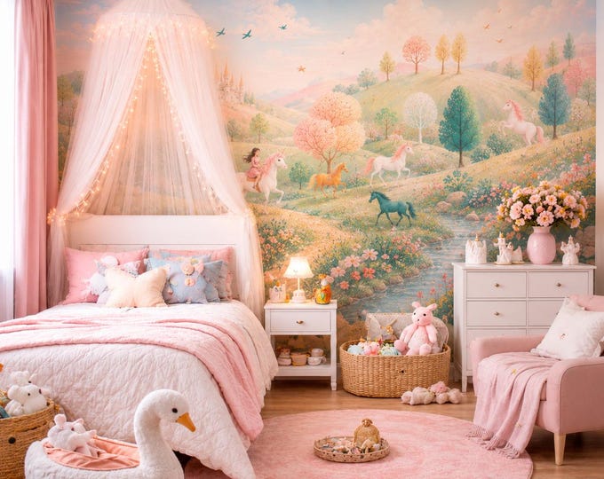 Unicorn Meadow Wall Mural – Pastel Fairytale Landscape, Kids Bedroom