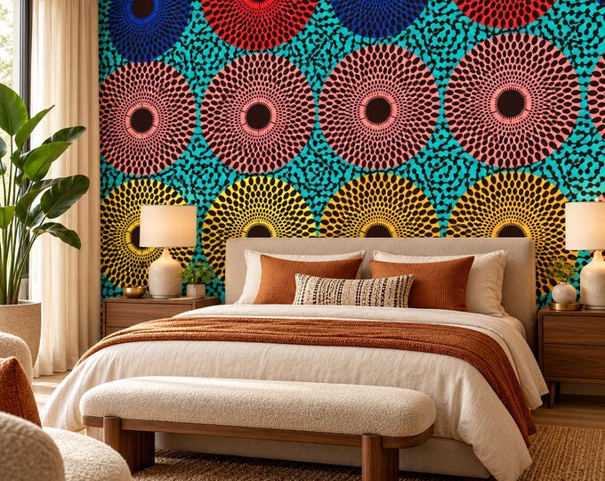 African Wax Print Wallpaper | Colourful Ankara Wall Mural | Bold Circle Pattern Wallpaper