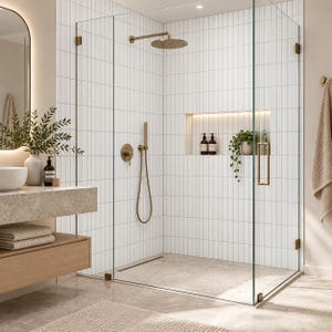 Op de afbeelding: Een inloopdouche met witte verticale metrotegels, een glazen wand en armaturen in geborsteld brons, inclusief een regendouchekop en handdouche. Een nis in de muur bevat twee donkere flessen en een hangende groene plant.