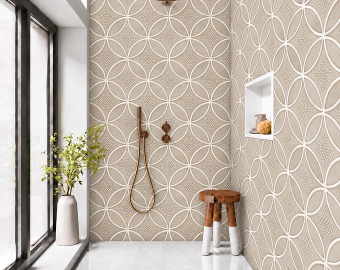 Beige Geometric Luna Tile Shower Panel, Art Deco Bathroom Wall Cladding (Waterproof)