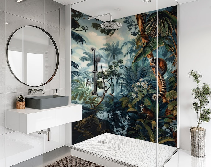 Blue Jungle Shower Wall Panel, Custom Size Waterproof Bathroom Cladding, Grout-Free Tile Alternative