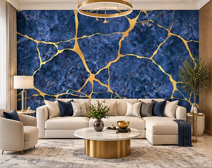 Navy Blue & Gold Kintsugi Wallpaper | Luxury Abstract Marble Mural | Metallic Effect Statement Wall Decor