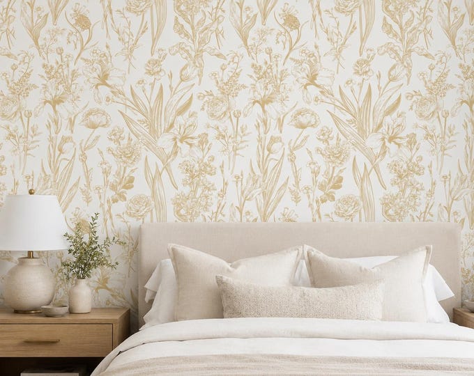 Gold Botanical Wallpaper, Cream Floral Toile Wallpaper, Vintage Wildflower Wall Decor, Elegant Neutral Floral Wallpaper
