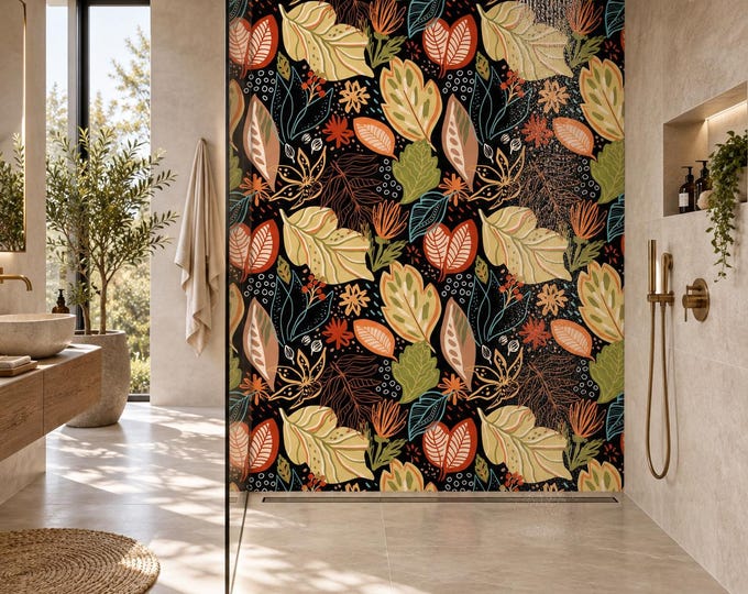 Botanical Leaf Shower Panel, Waterproof Bathroom Wall Decor, Tropical Floral Design