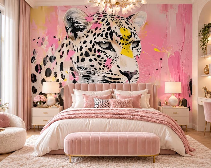 Pink Pop Leopard Wallpaper Mural | Colourful Big Cat Wall Art | Abstract Animal Wallpaper