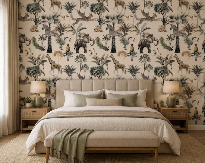 Safari Menagerie Wallpaper, Vintage Jungle Animal Pattern, Giraffe Zebra Elephant Peacock (Nursery Wall Decor)