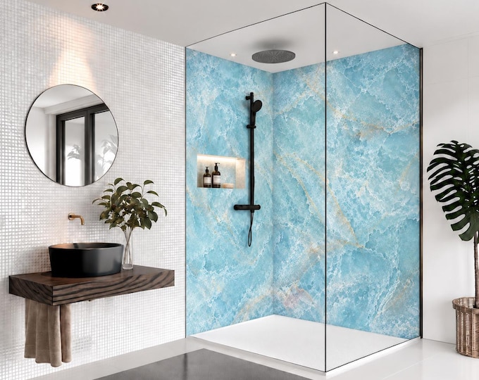 Blue Onyx Shower Wall Panel – Aqua Gold Stone Effect, Waterproof Bathroom Cladding