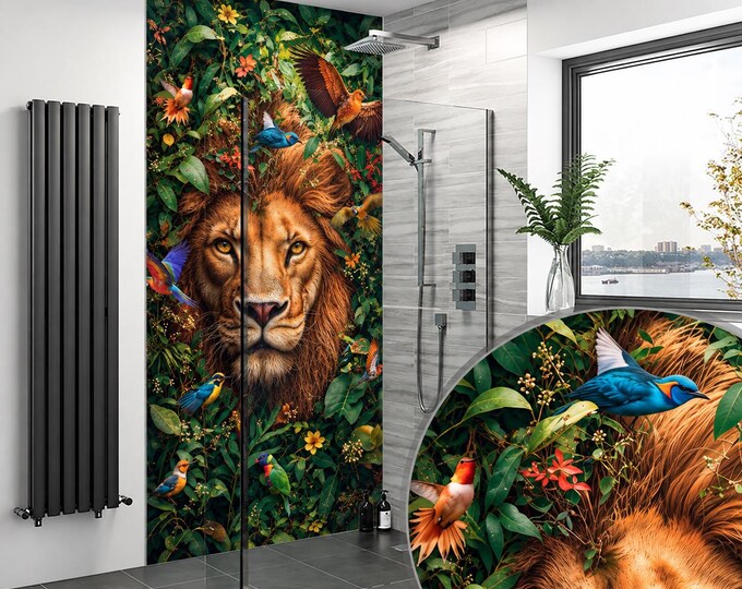 Lion & Tropical Birds Shower Panel, Jungle Botanical Bathroom Wall Art (Waterproof)