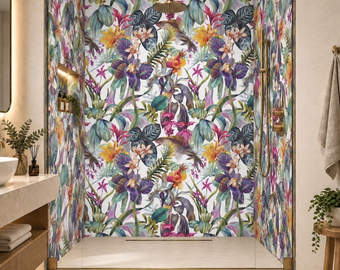 White Tropical Floral Shower Wall Panel 48" x 96", Waterproof Bathroom Cladding, Modern Tile Alternative
