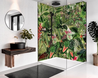 Tropical Jungle Shower Panel – Lush Green Botanical Bathroom Wall Panel, Exotic Leaf Waterproof Shower Wall, Maximalist Nature Decor