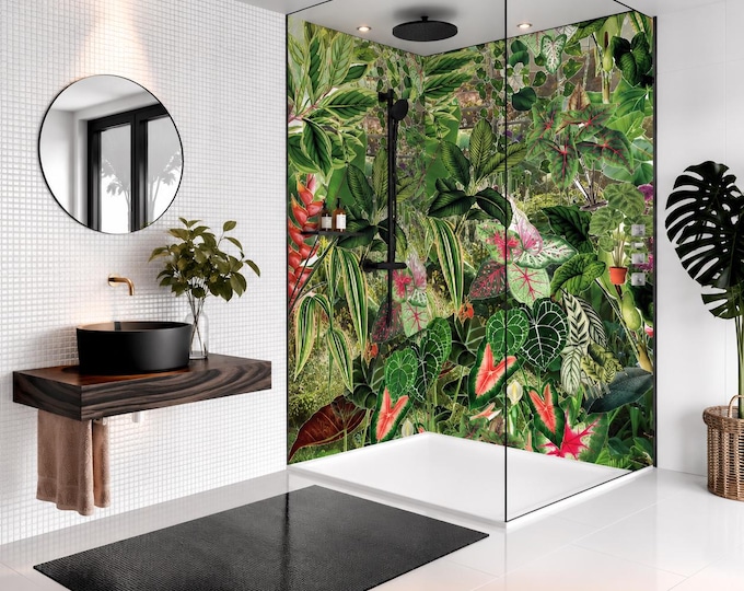 Tropical Jungle Shower Panel – Lush Green Botanical Bathroom Wall Panel, Exotic Leaf Waterproof Shower Wall, Maximalist Nature Decor