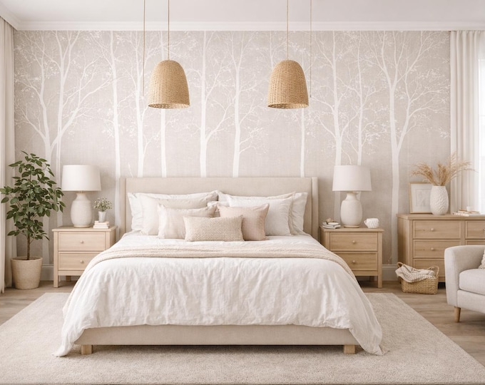 Light Pink Birch Forest Wall Mural, Scandinavian Nursery Wallpaper