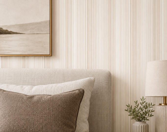Sahara Pinstripe Wallpaper, Ivory Vertical Stripes, Neutral Minimalist Wall Decor