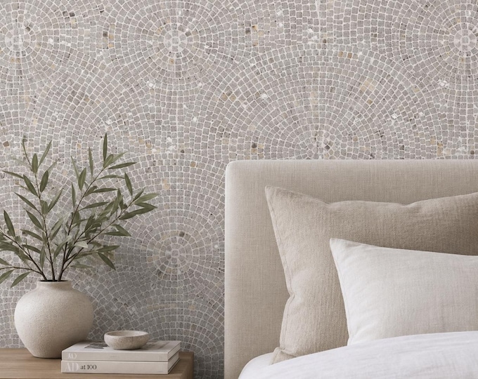 Oyster Mosaic Wallpaper, Neutral Stone Tile Effect, Beige Gray Geometric Pattern, Luxury Coastal Wall Decor