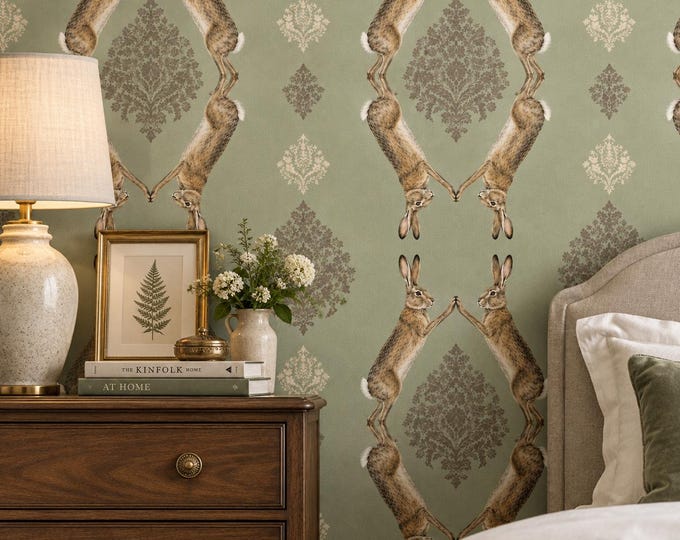 Sage Green Hare Rabbit Damask Wallpaper, country house decor