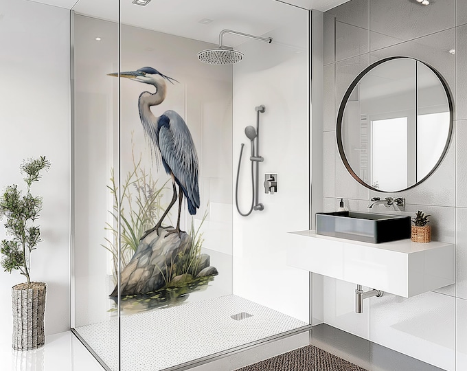 Blue Crane Bird Shower Panel, Waterproof Grout-Free Bathroom Cladding