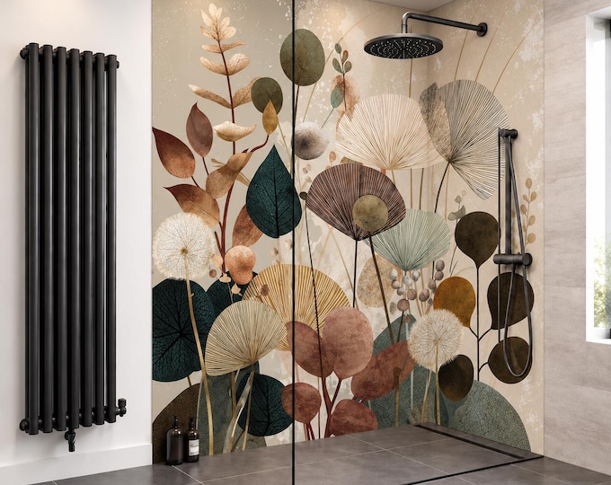 Botanical Meadow Shower Panel, Abstract Floral Bathroom Wall Panel, Earthy Green & Terracotta Waterproof Shower Wall, Modern Botanical Decor