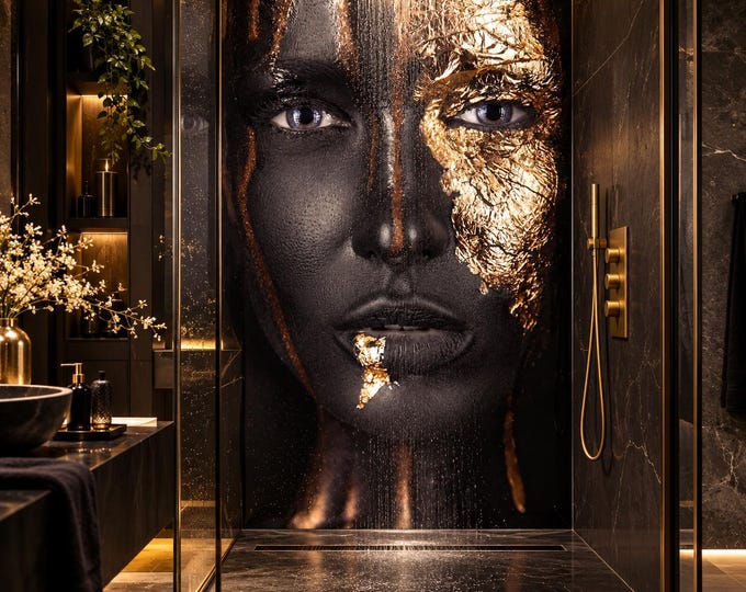 Gilded Shadow Woman Portrait Shower Panel, Black Gold Glam Bathroom Wall Art (Waterproof)