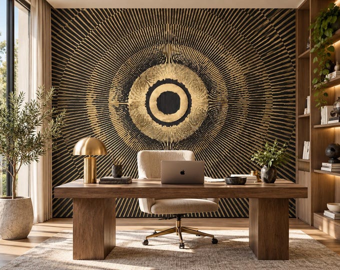 Hydro Luxe Golden Eclipse Wallpaper Mural | Geometric Circular Wall Art | Luxury Art Deco Wallpaper