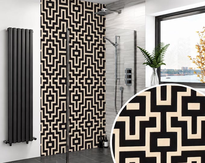 Black & Cream Geometric Shower Panel – Retro Maze Bathroom Wall Panel, Bold Monochrome Waterproof Shower Wall