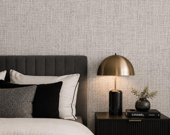 Textura Stone Grey Linen Wallpaper, Neutral Woven Texture Wall Covering, Modern Minimalist Decor
