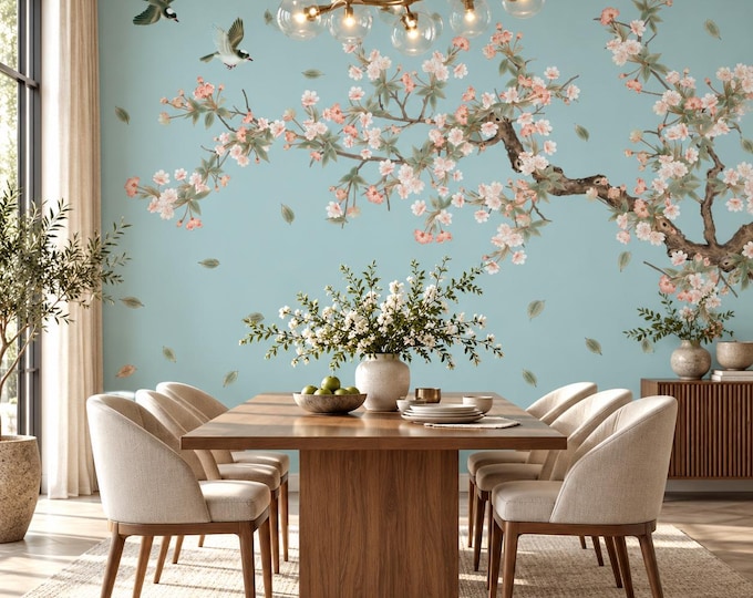Cherry Blossom Wallpaper | Blue Chinoiserie Wall Mural | Birds & Floral Wallpaper