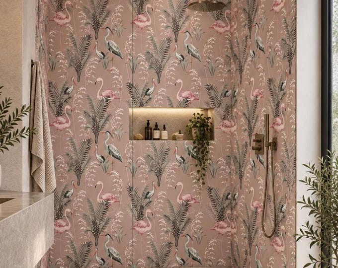Blush Flamingo Shower Panel, Pink Botanical Waterproof Wall Panel (Custom Size)