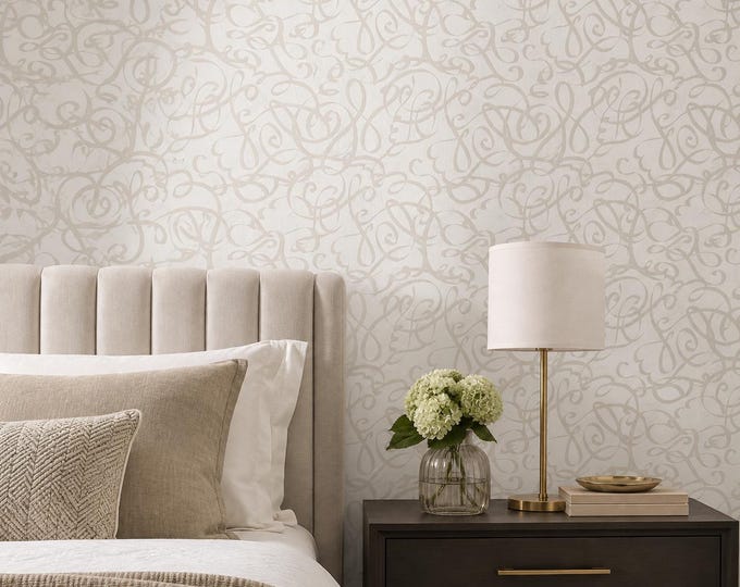 Arabesque Whisper Wallpaper, Neutral Beige & Cream Abstract Pattern Elegant Minimalist Wall Decor