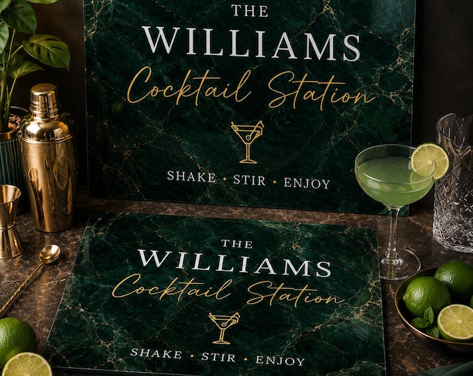 Personalised Glass Chopping Board, Bar Sign, Coasters, Cocktail Station Home Bar Gift